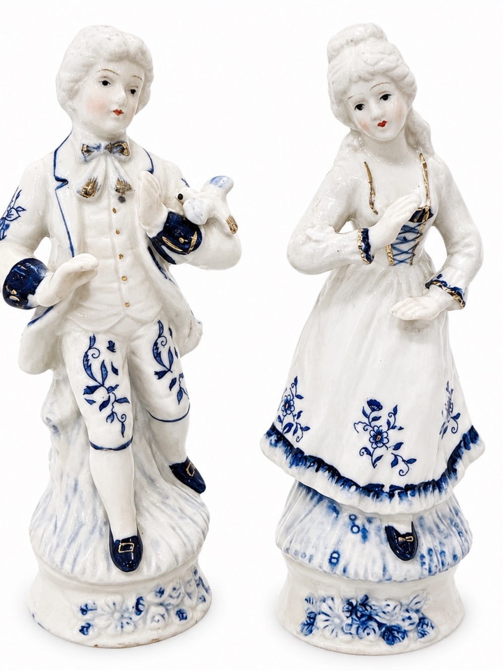 Hand-Painted Blue and White Porcelain Figurine Couple - Decorative Ceramic Set